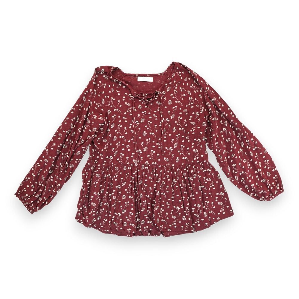 Lucky Brand Women's Floral Printed Tunic Long Sleeve Size‎ Medium M Burgundy